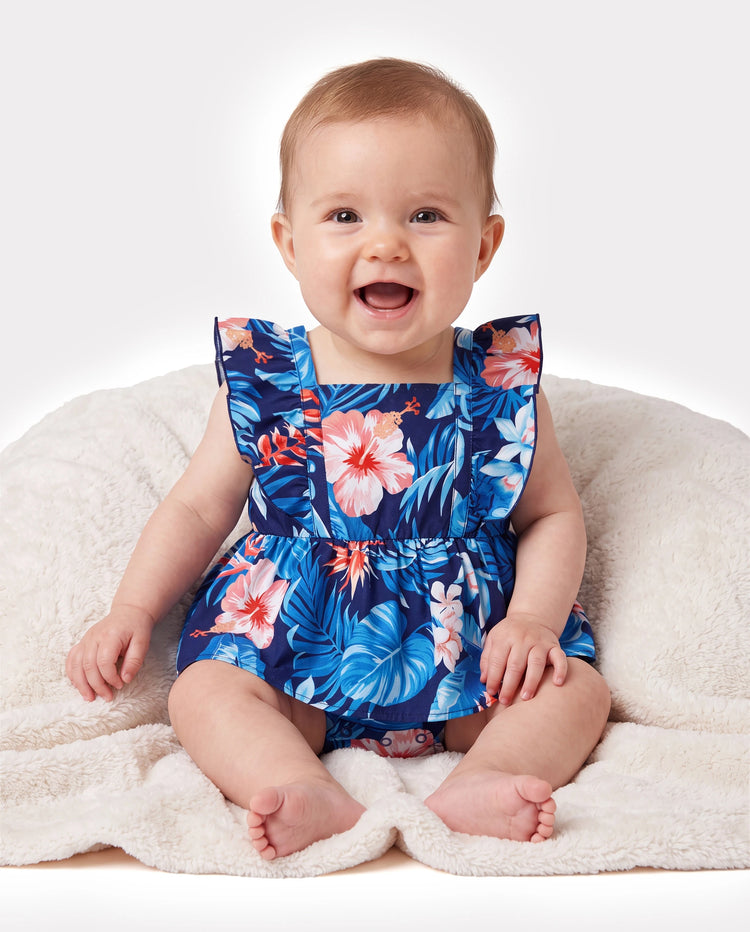 Family Matching Vacation Set Tropical Floral Print Shirt or Halter Dresses for Dad, Mom, Kids & Baby, Perfect for Summer Holidays & Family Photos Deep Blue