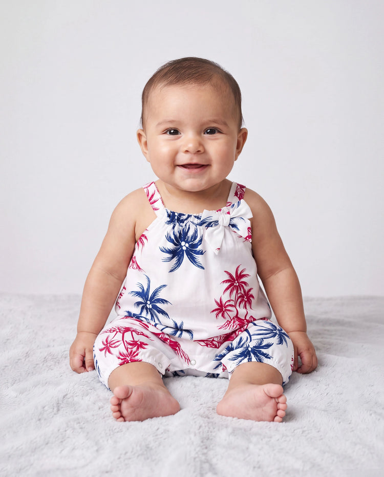 Independence Day Matching Family Outfits Red & Blue Palm Tree Print Hawaiian Vacation Clothes Summer Beach Shirt & Dress Set Multi-color