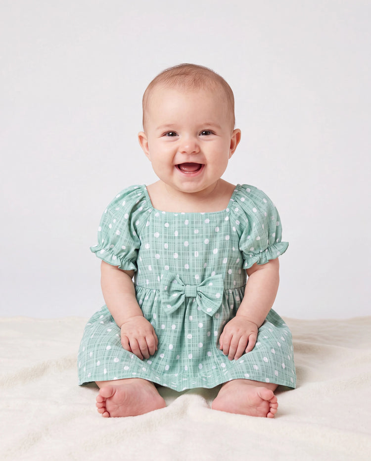 Daddy & Daughter T-Shirt & Dress Set Polka Dot Puff-sleeve Dress for Daughter & Baby, Color Block Cotton Tee for Dad , Perfect for Family Outings & Photos Light Green