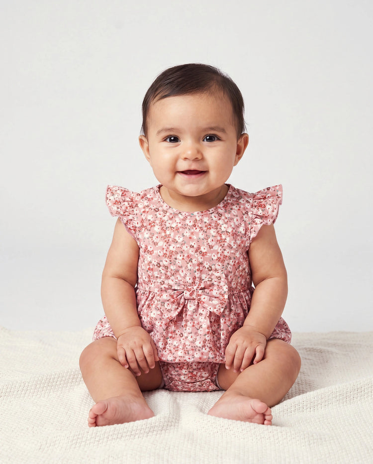 Conjunto Mamá y Yo Vestido con Fruncido, Mangas Abullonadas y Estampado Floral Azul y Rosa