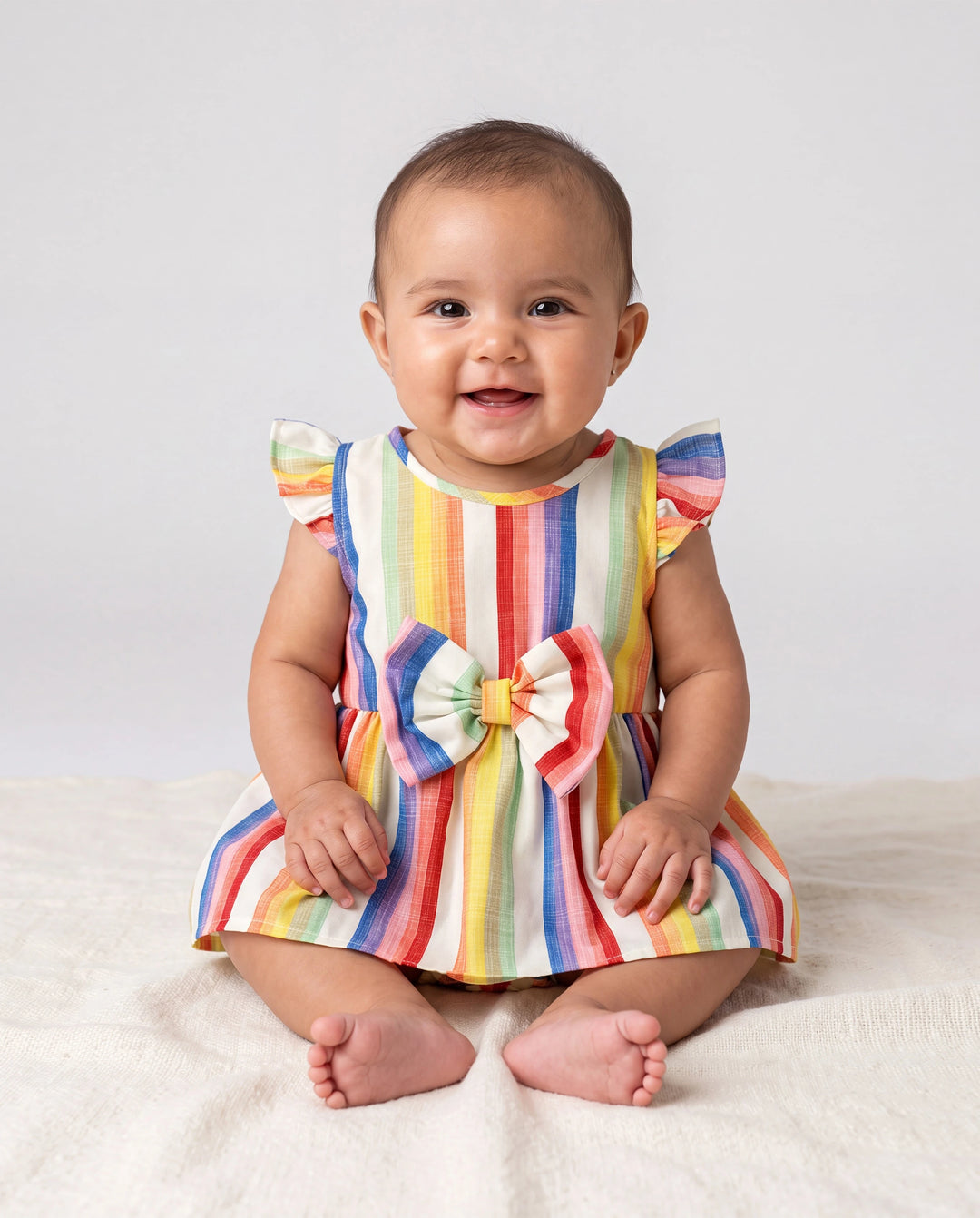 Family Matching Colorful Striped V Neck Flutter-sleeve Dresses and Short-sleeve T-shirts Sets COLOREDSTRIPES