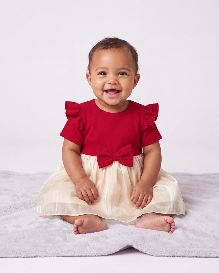 Family Matching Solid Color Short-sleeve Laper-collar Tops and Mermaid/Mesh Dresses Sets Red