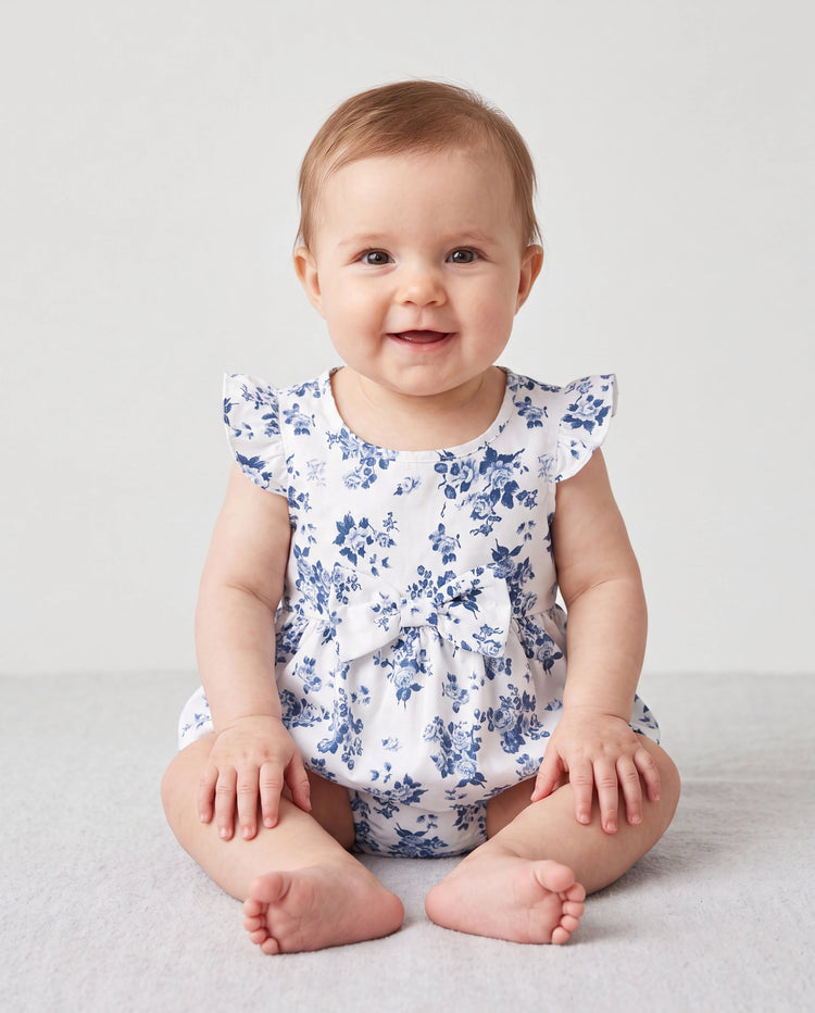 Conjunto de Papá y Hija: Traje casual con fruncido floral AZULBLANCO