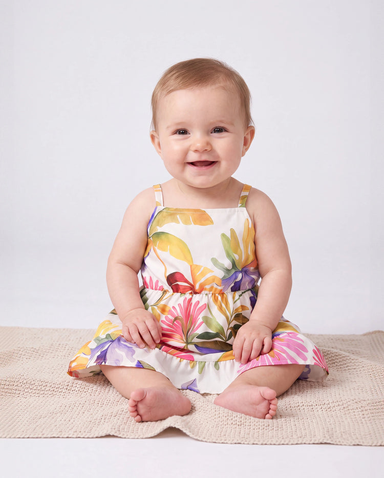 Family Matching Sets Tropical Floral V-Neck Dress & Short Sleeve Tee with Adjustable Straps Deep White Apricot