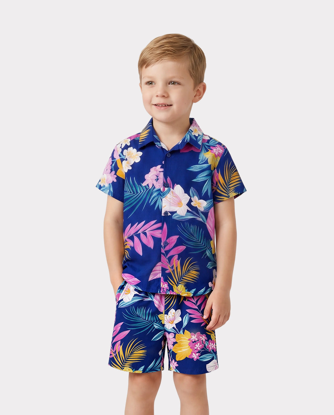 Conjuntos hawaianos familiares a juego: vestido de tirantes con estampado floral tropical o conjunto de camisa y pantalones cortos de manga corta, conjunto de ropa de playa de verano para vacaciones, azul profundo