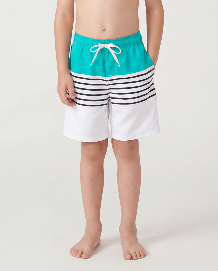 Traje de baño de una pieza con cortes y rayas a juego para toda la familia y bañador con bloques de color verde y blanco