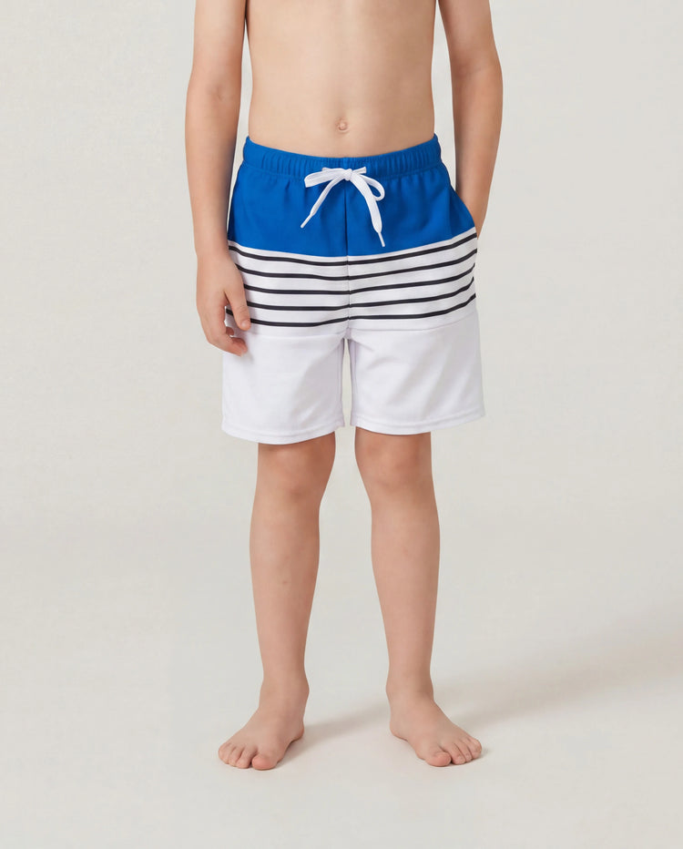 Passender Familien-Badeanzug Colorblock-Badehose mit Kordelzug oder gestreifter blauer gespleißter Tankini mit Kreuz vorne, Binderücken und dünnen Trägern Farbblock