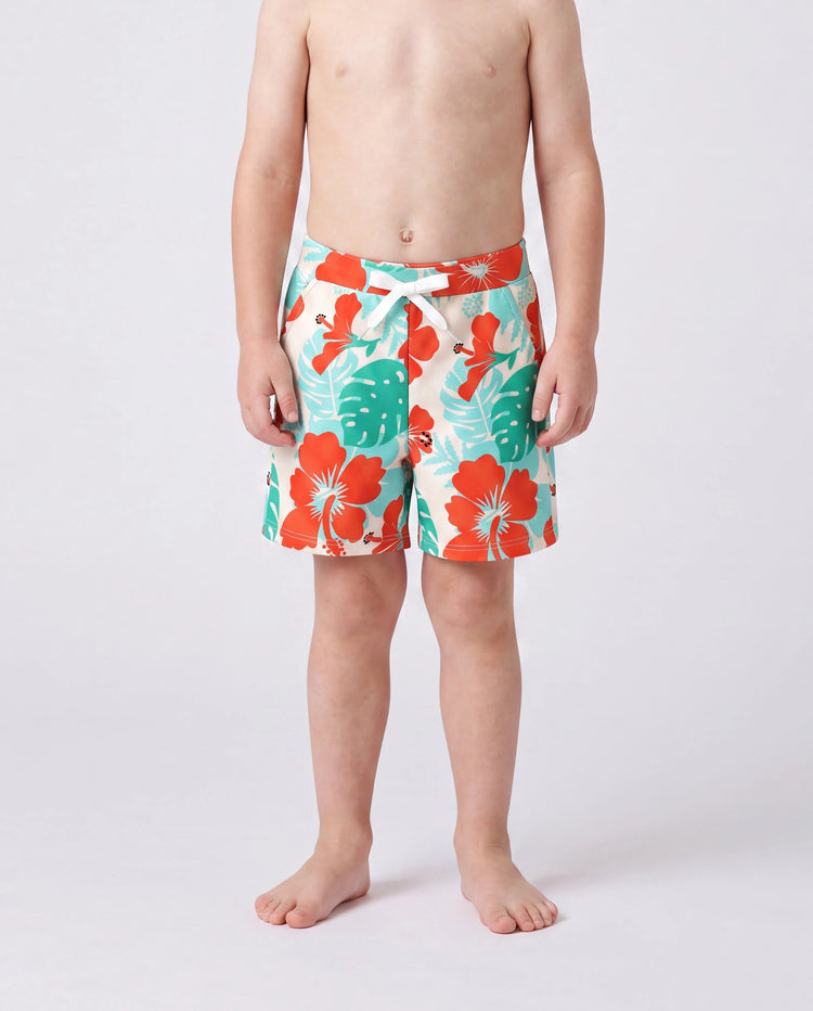 Family Matching Tropical Floral Print Swim Trunk or Ruffle Trim Bikini with Optional Beach Cover-Up Dress Orange