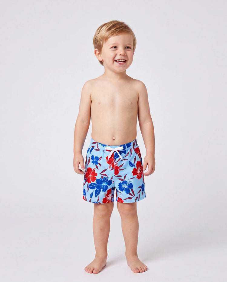 Familien-Matching-Badebekleidung mit Blumenprint – Bikini- und Badehosen-Set für Mama, Papa und Kinder, perfekt für Sommertage am Strand und Poolpartys in Rot.
