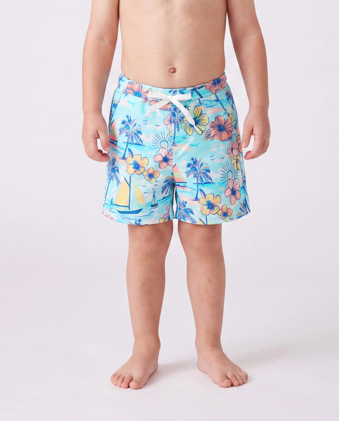 Maillots de bain assortis pour toute la famille à imprimé tropical, maillot une pièce à nouer devant pour maman, maillot deux pièces pour fille, ensemble short de bain pour papa & fils pour vacances d'été à la plage Bleu clair