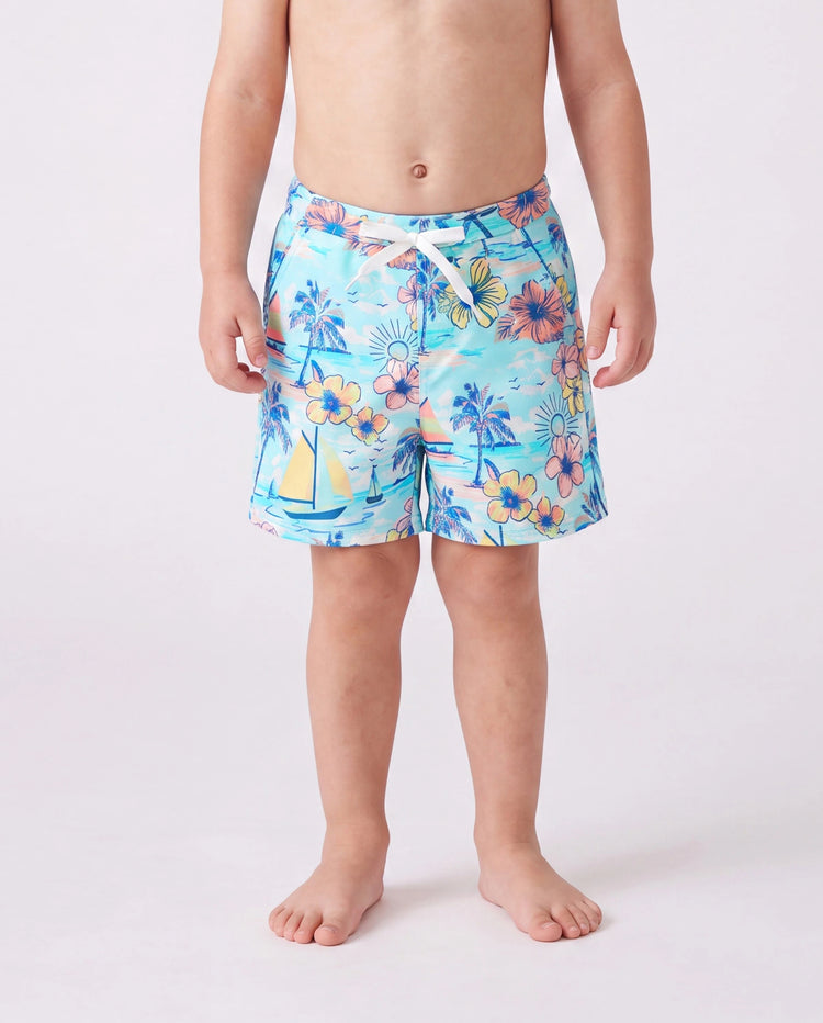 Maillots de bain assortis pour toute la famille à imprimé tropical, maillot une pièce à nouer devant pour maman, maillot deux pièces pour fille, ensemble short de bain pour papa & fils pour vacances d'été à la plage Bleu clair