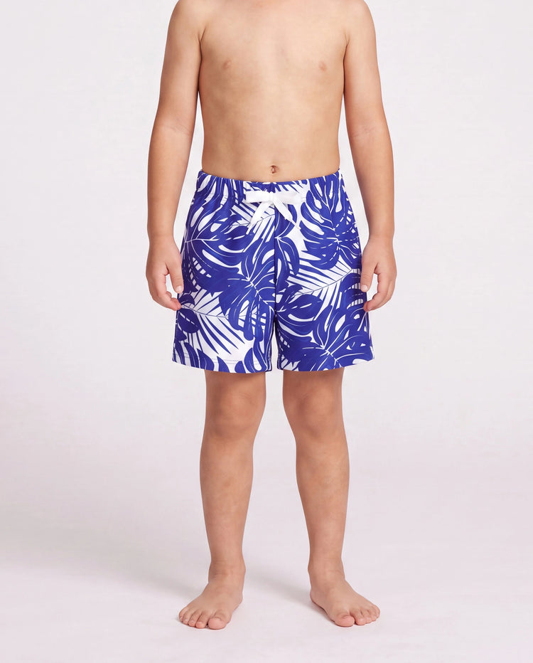 Family Matching Tropical Leaf Print Swim Trunks or Hollow-out Crisscross Straps One-piece Swimsuit Blue