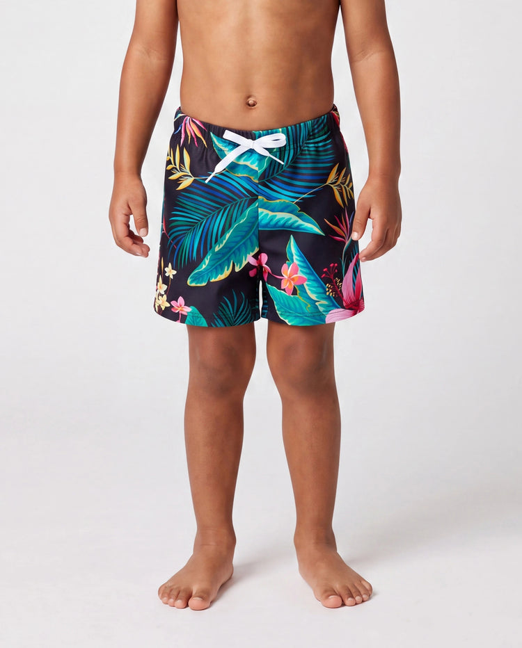 Family Matching Allover Plant Print Crisscross One-Piece Swimsuit and Swim Trunks Black