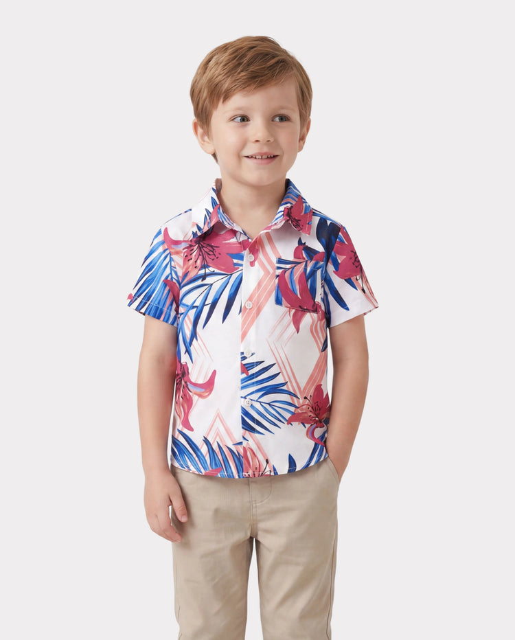 Tropische Blumen Familie Passende Outfits Rosa Blau Blattdruck Kurzarmhemd oder eine Schulter gesmoktes Oberteil und Rock Kombinationsset für Urlaub, Kreuzfahrt, Strand weiß