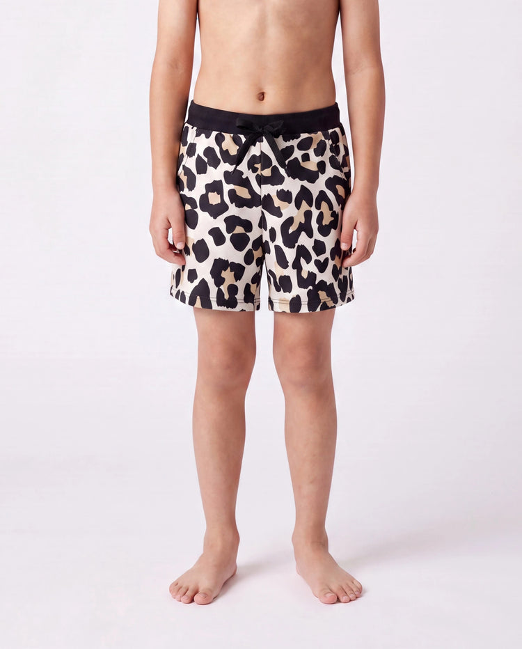 Family Matching Leopard Pattern Drawstring Swim Trunks or Ruffle Neck Two-Piece Bikini with Optional Cover Up Sarong Skirt Black
