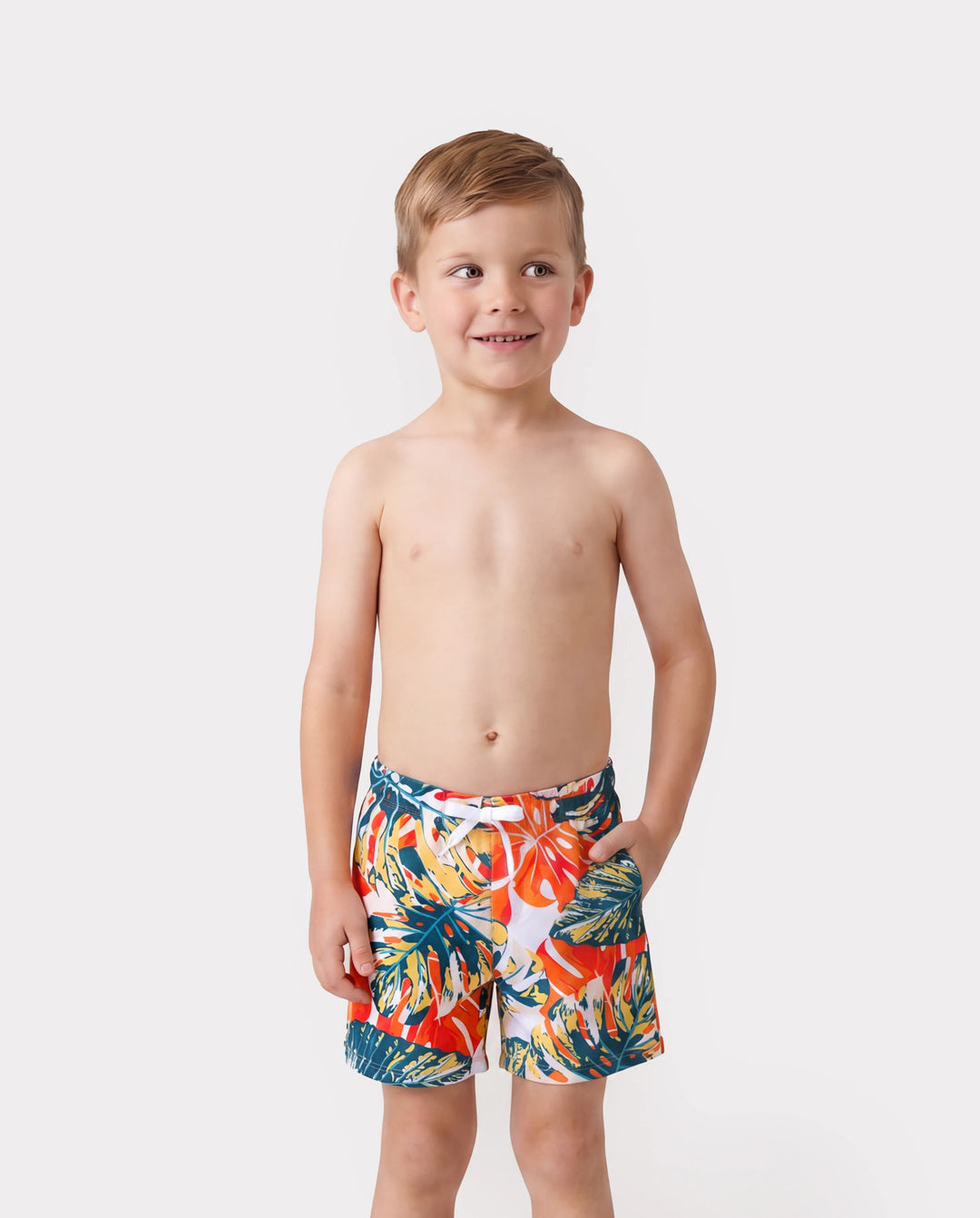 Family Matching Orange and All Over Tropical Plant Print Splicing Ruffle One-Piece Swimsuit and Swim Trunks Shorts Orange color