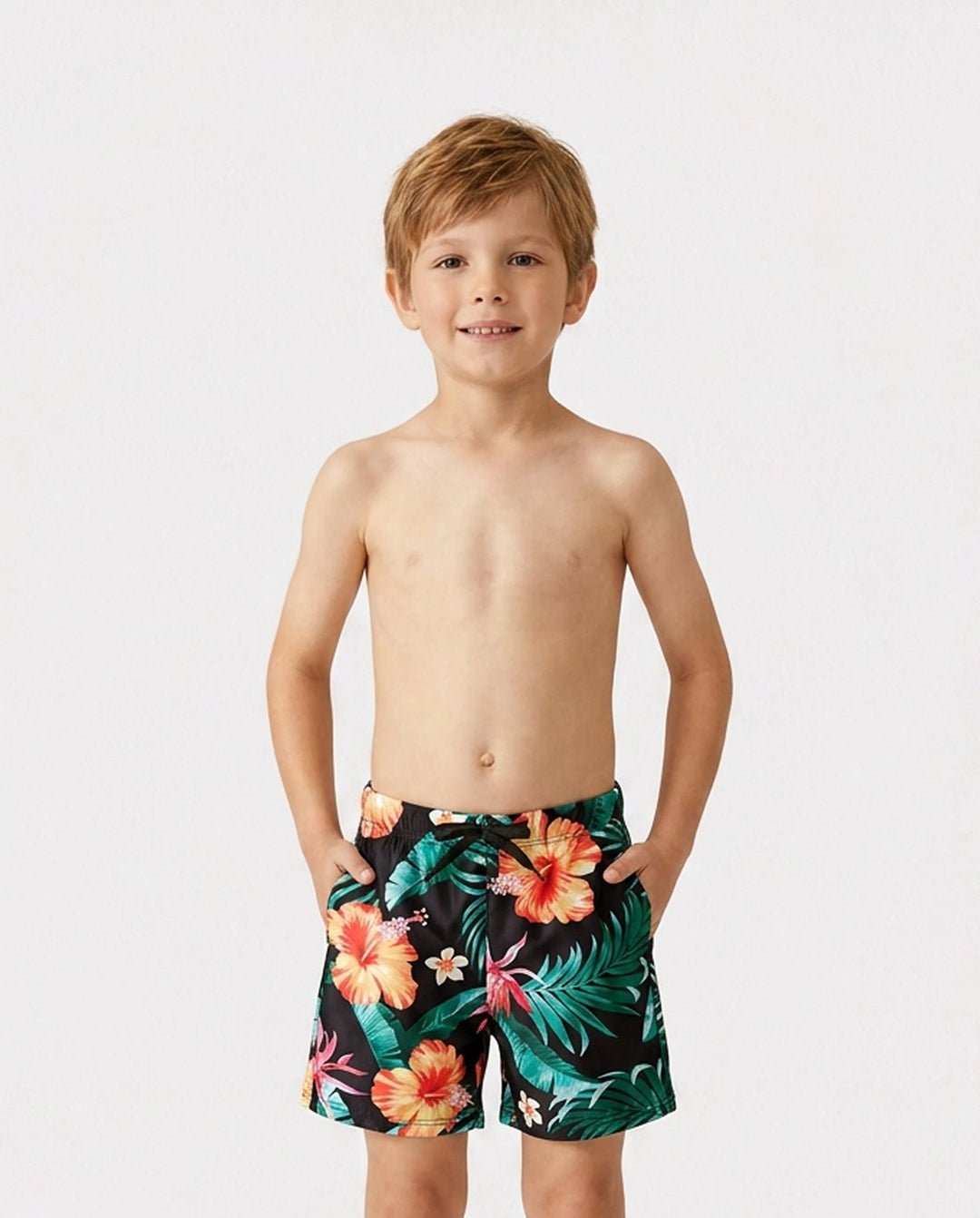 Ensemble maillots assortis famille à imprimé tropical – bikini col V et short de bain, couleur noir