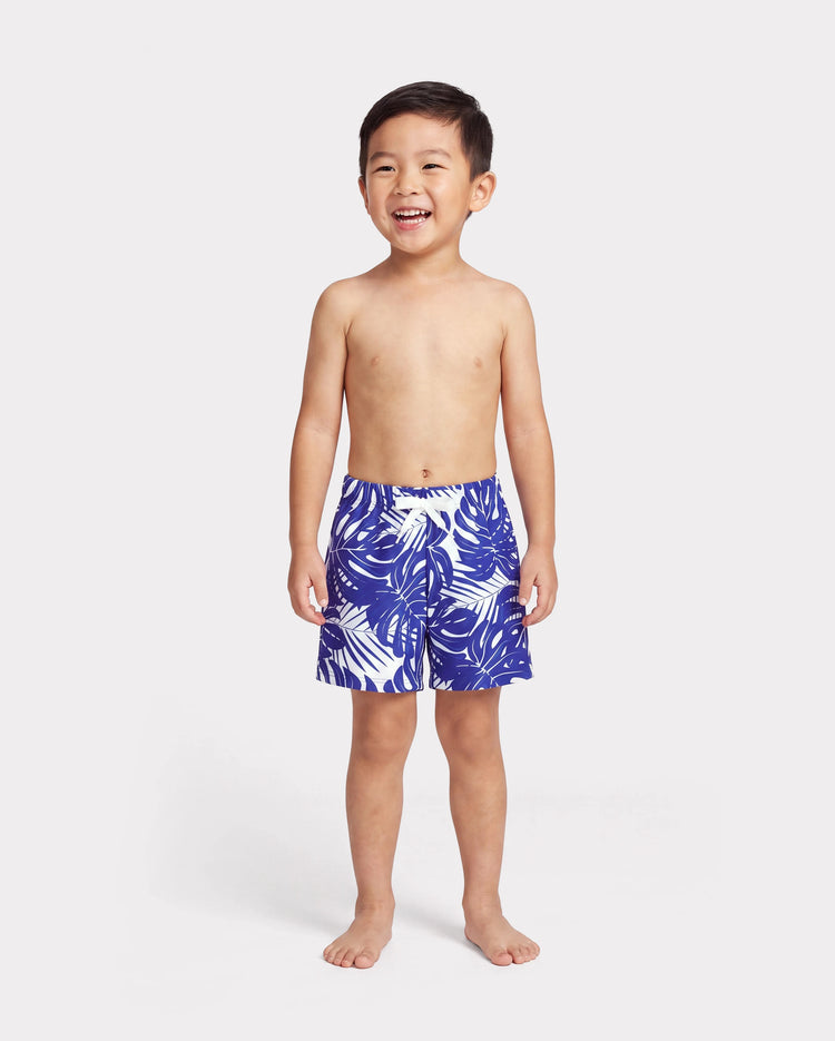 Daddy & Sohn Tropischer Blattdruck Badeshorts Blau