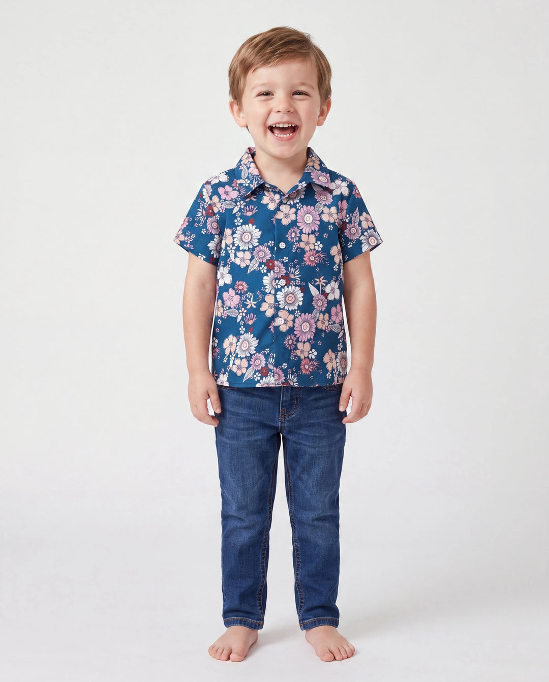 Tenues Maman & moi Chemise à col à manches courtes imprimé floral intégral ou robe sans manches à nouer pour les vacances d'été CYAN-
