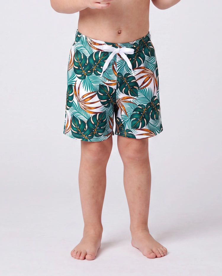 Family Matching Allover Plants Print Swim Trunks Shorts and V Neck Spaghetti Strap Splicing One-Piece Swimsuit Dark Green