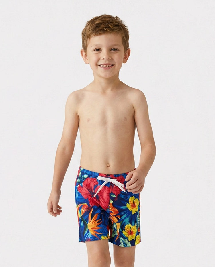Conjunto de bañadores a juego en familia: bikini de flores con borde ondulado y tirantes y bañador, color block