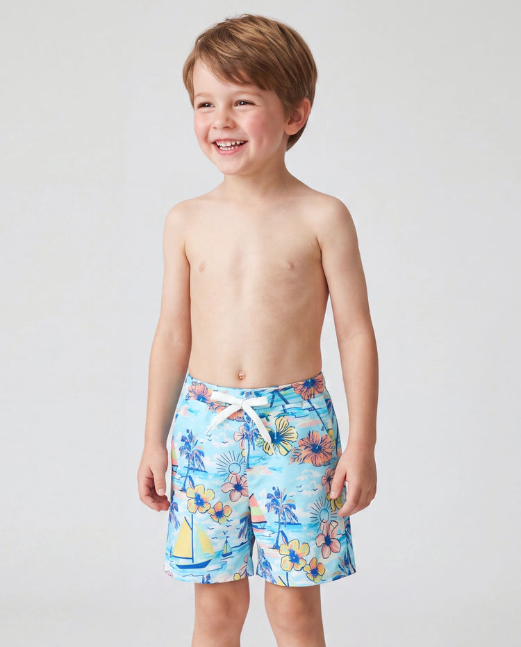 Mommy & me Swimwear Tropical Print, Mommy Tie-front Cutout One-piece Swimsuit, Girl two-piece Swimsuit Daddy & Son Swim Trunks Set for Summer Beach Vacation Light Blue