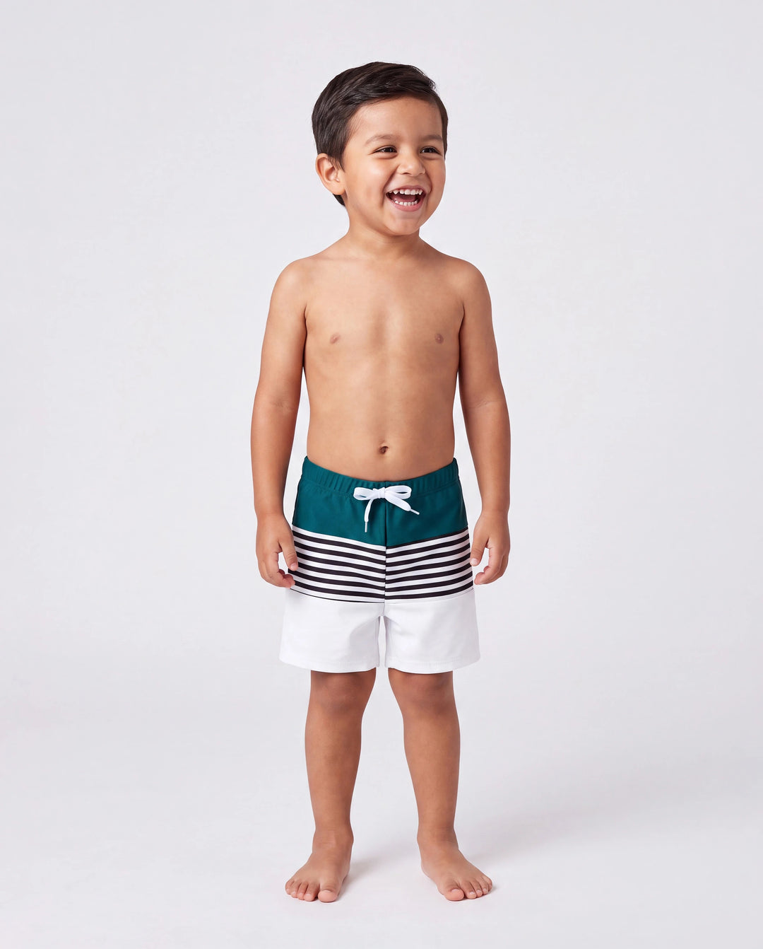 Family Matching Colorblock One Shoulder Cut Out One-piece Swimsuit and Striped Spliced Swim Trunks Shorts DeepTurquoise