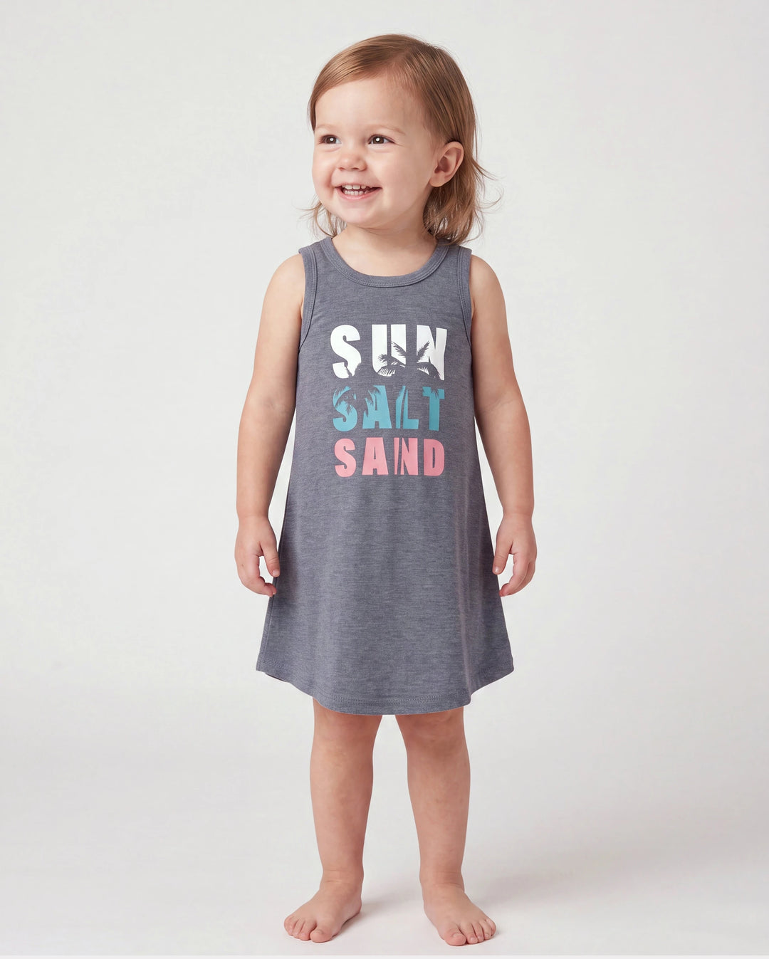 Daddy & Tochter Ärmelloses Tanktop mit Buchstabenprint oder Tankkleid-Set Grau