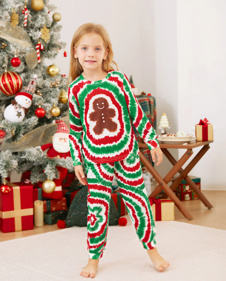 Ensemble pyjama de Noël familial rouge et vert motif bonhomme en pain d'épices tie-dye avec chaussettes de Noël multicolores