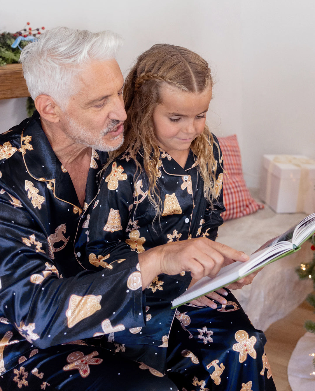 Christmas Matching Family Satin Pajamas Gingerbread Print Navy