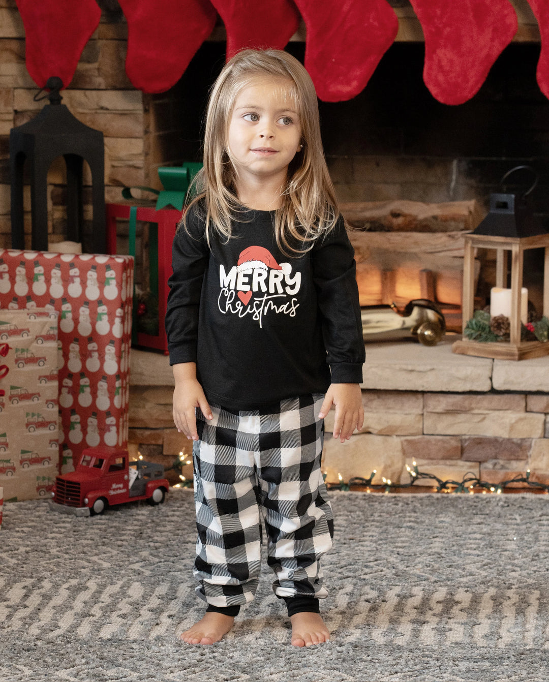 Christmas Family Matching Glow In The Dark Letters Print Long-sleeve Pajamas Sets with Christmas Socks Black+White