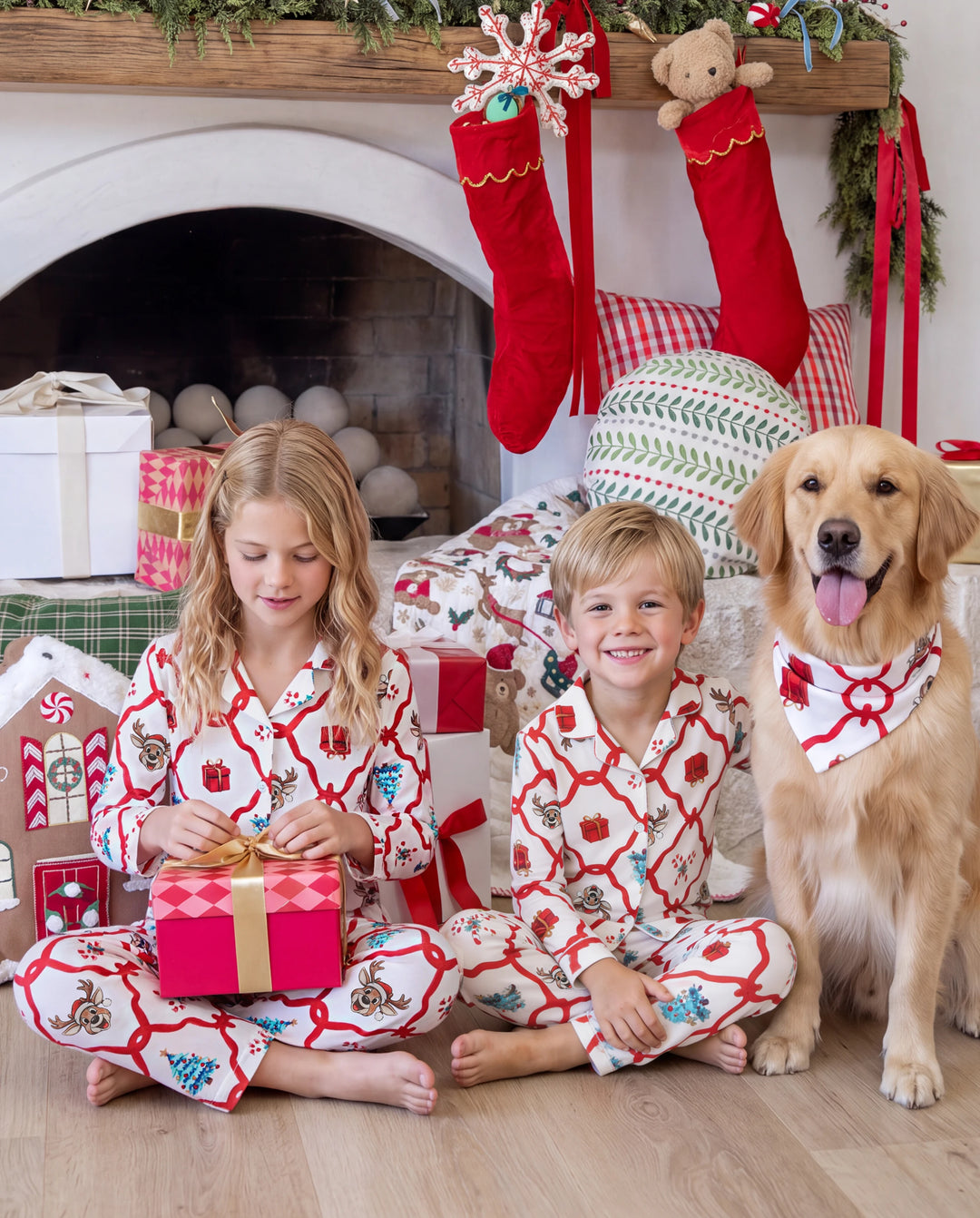 Christmas Matching Family Pajamas Reindeer & Xmas Tree Print Red
