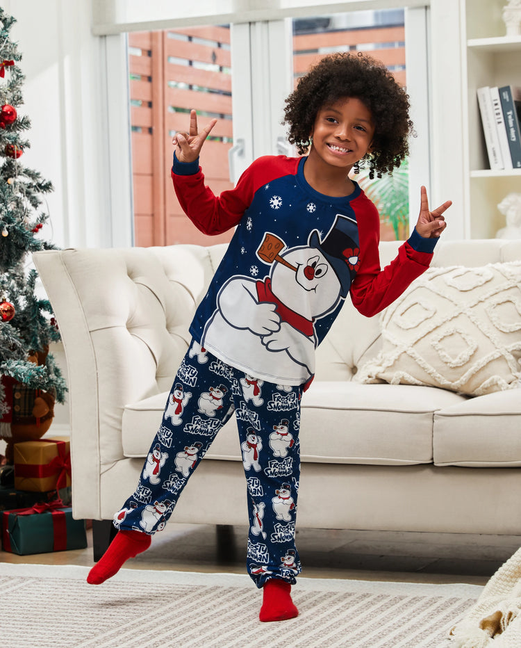 Frosty der Schneemann Weihnachtsfamilienpassend Farbblock Schlafanzug-Sets mit Weihnachtssocken