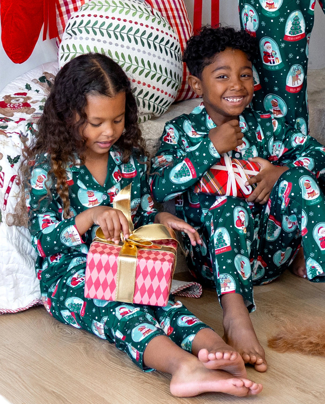 Christmas Matching Family Pajamas Snow Globe Print Dark Green