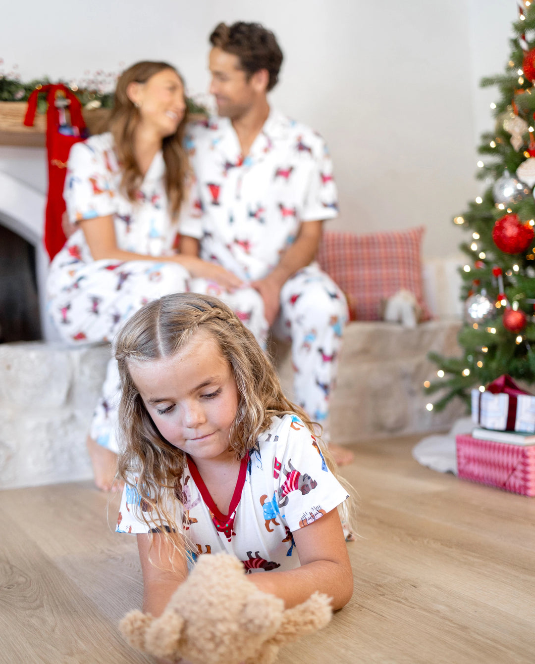 Christmas Matching Family Pajamas Festive Dog Print Red & White