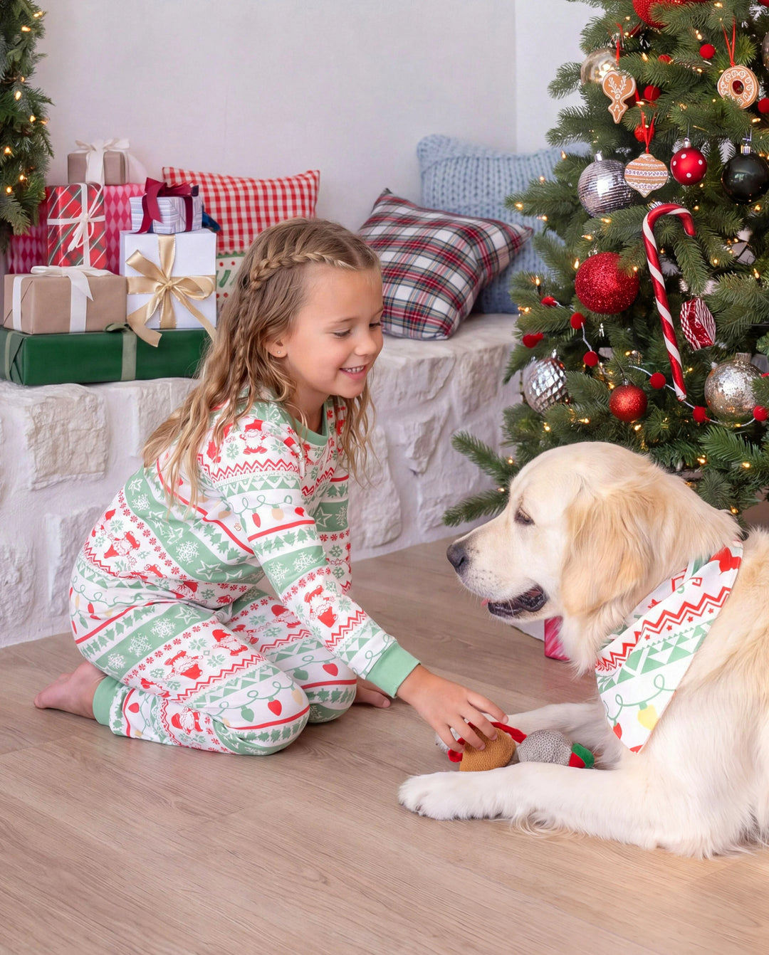 Christmas Matching Family Pajamas Glow In The Dark Santa Claus Print Light Green