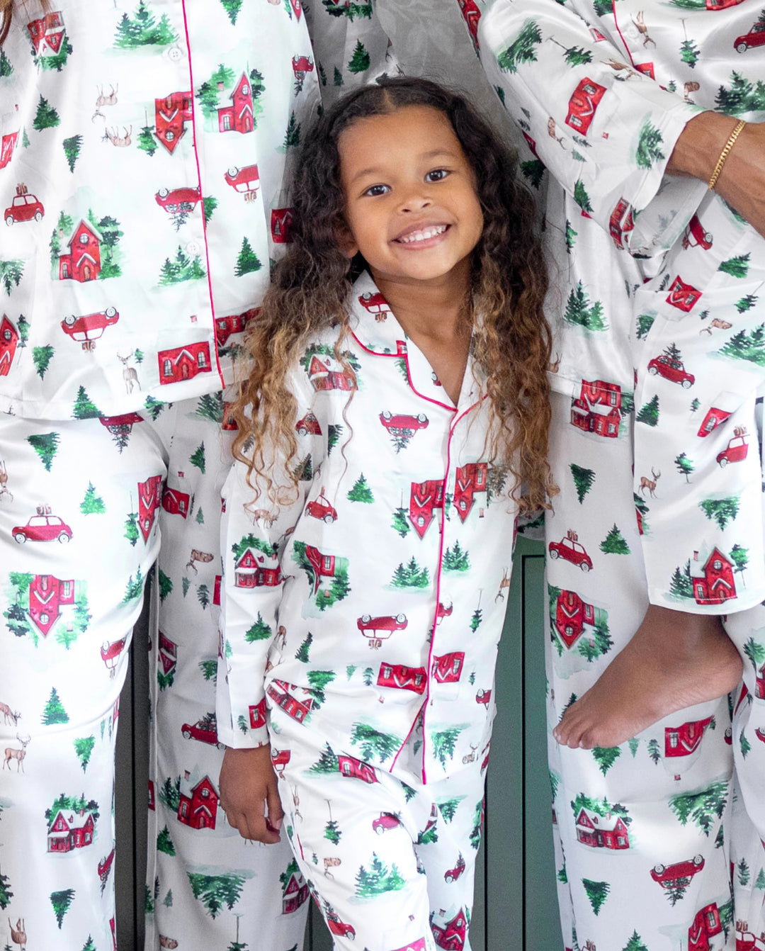 Christmas Matching Family Satin Pajamas Xmas Village Print Multicolor
