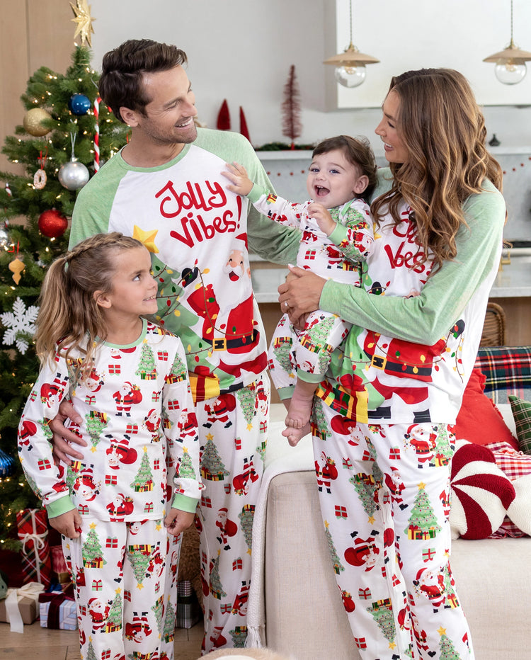 Christmas Matching Family Pajamas Santa & Xmas Tree Print Green
