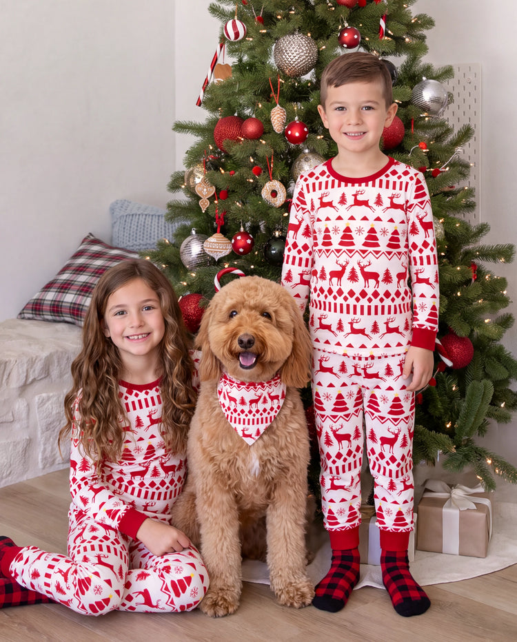 Christmas Matching Family Pajamas Fair Isle & Reindeer Print Red