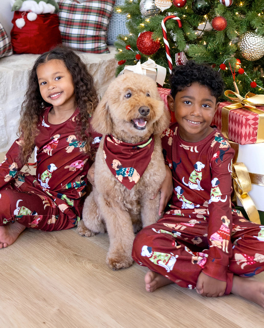 Christmas Matching Family Pajamas Festive Dog Print Burgundy