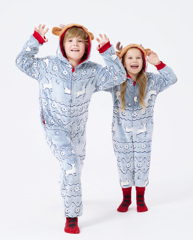 Christmas Onesies Matching Family Pajamas Set Reindeer Print Glow In The Dark PJS with Christmas Socks White/Gray