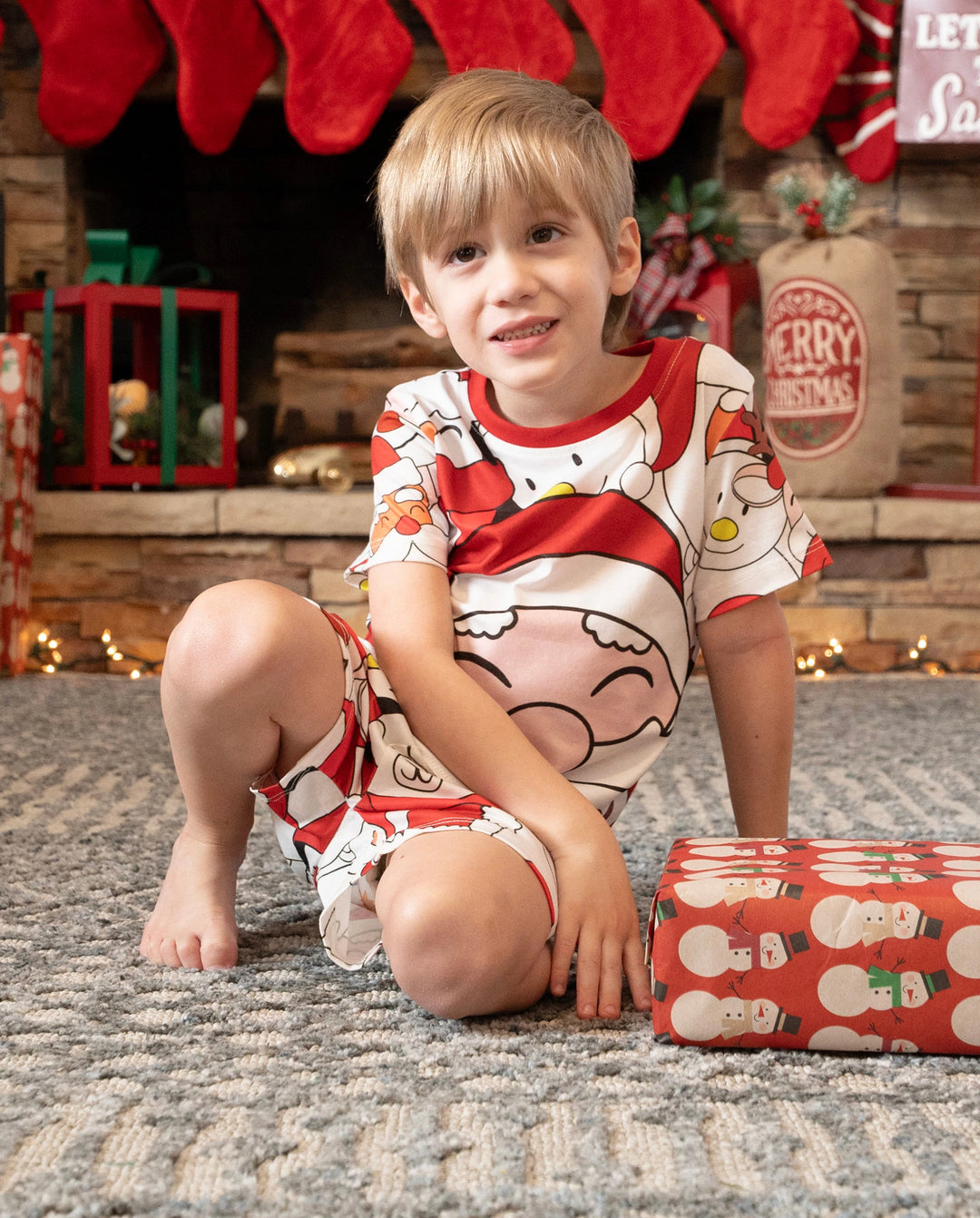 Christmas Santa and Snowman Print Family Matching Short-sleeve Tops and Shorts Pajamas Sets White