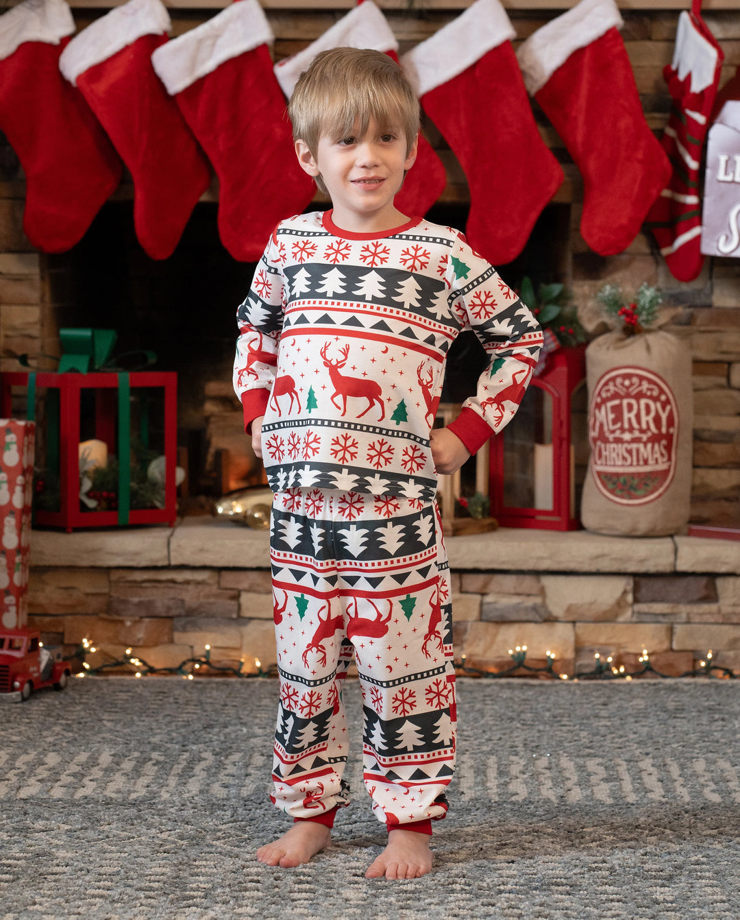 Family Christmas Pajamas All Over Reindeer Print Long-sleeve with Christmas Socks (SGS Certied Safety) Red+White