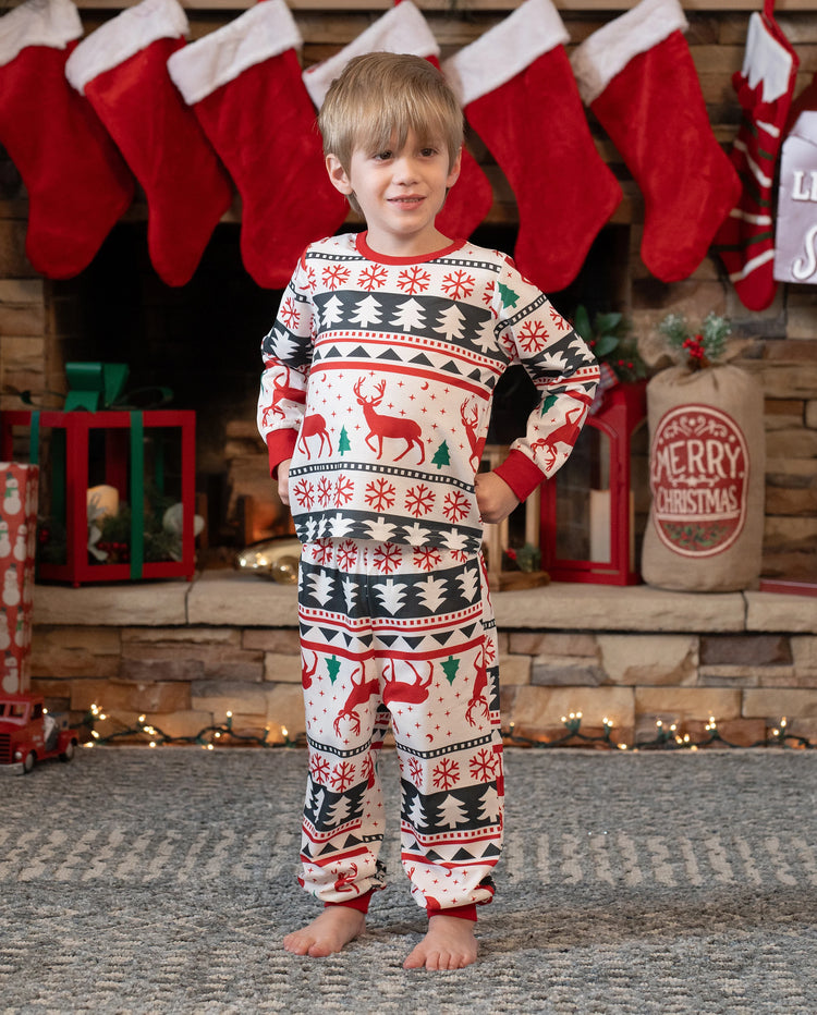 Family Christmas Pajamas All Over Reindeer Print Long-sleeve with Christmas Socks (SGS Certied Safety) Red+White