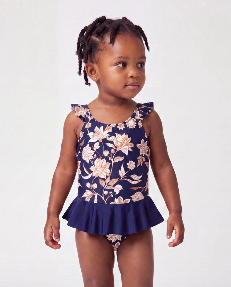 Bañadores con estampado floral para niña pequeña 2 en 1 de una pieza Azul profundo