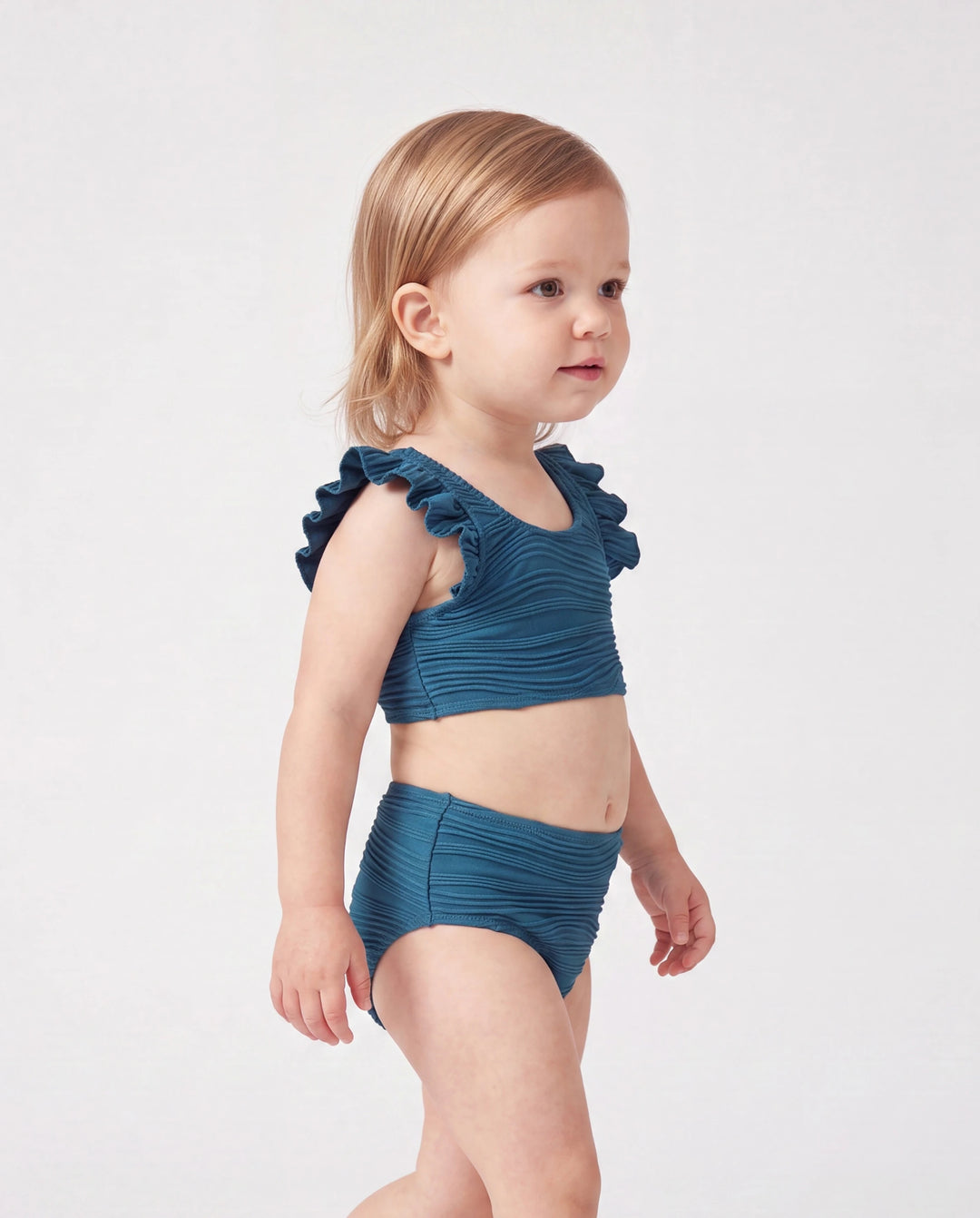 Bikini fruncido con rayas azul verdoso para niña pequeña Multicolor