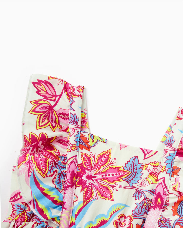 Mommy & me Outfits Set Tropical Flora Print Short-sleeve Collar Shirt or Halter Belted Dress for Summer Vacation Beige