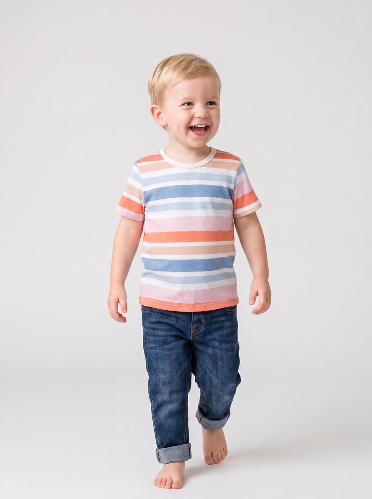 Daddy and Me Family Matching Blue Short-sleeve Tee or Colorful Stripe Camisole Dress Multi-color