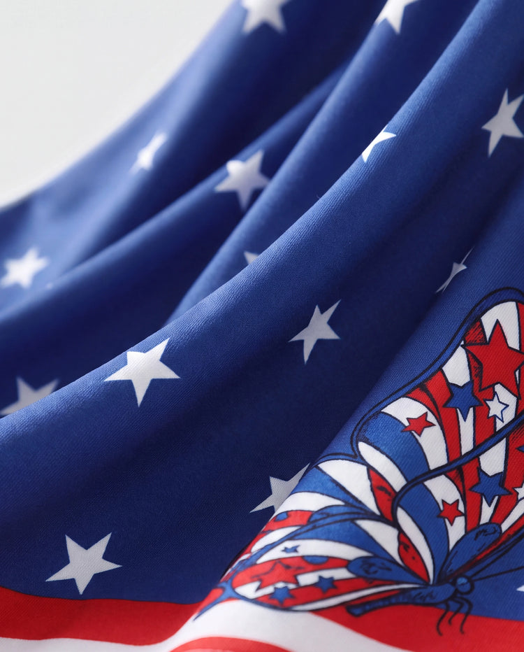 Robe sans manches décontractée pour tout-petites filles, imprimé patriotique cerise/étoile, bleu foncé