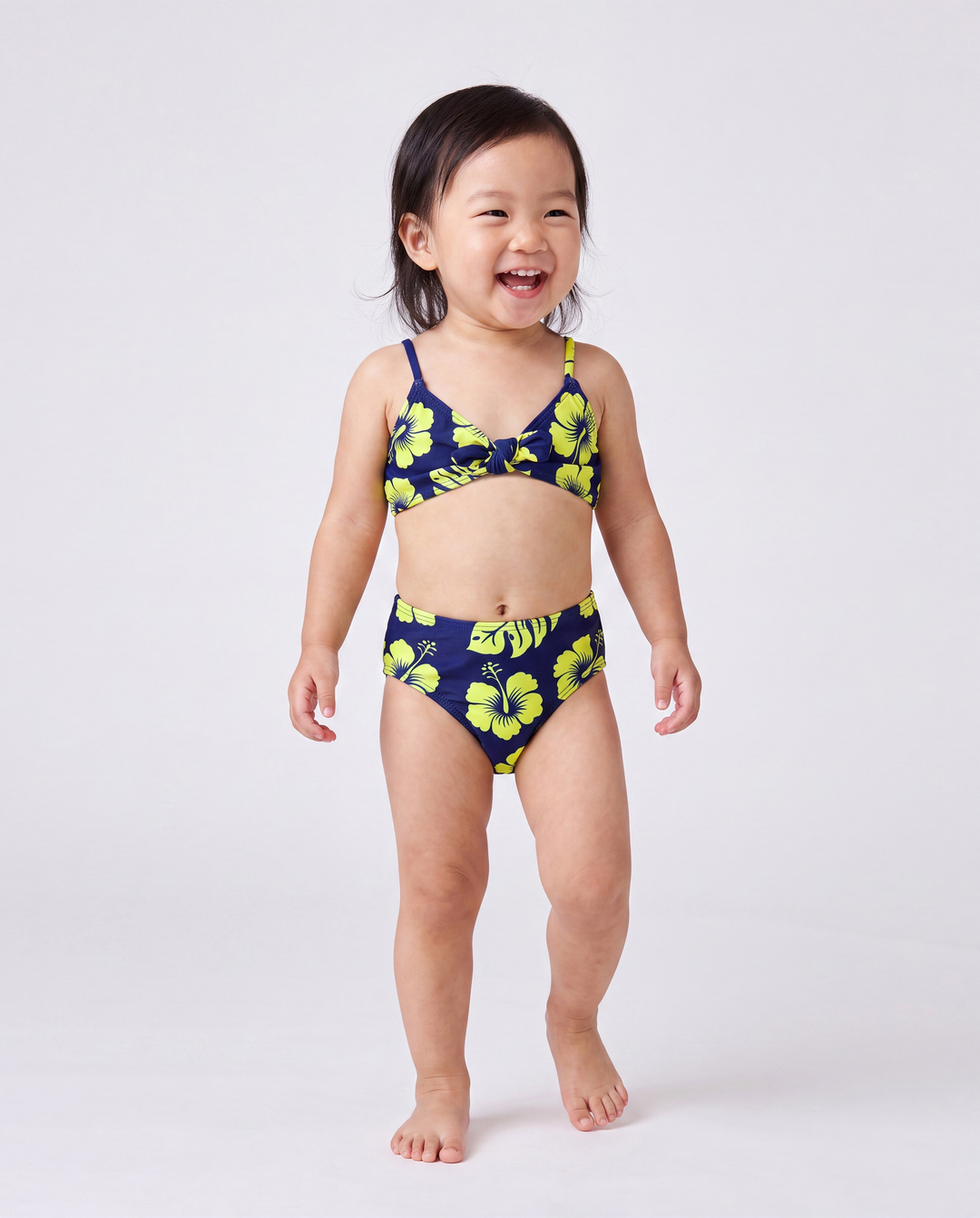 Trajes de Baño a Juego para Familia Estampado Floral Tropical Bikini Halter y Bañador Corto Azul Profundo
